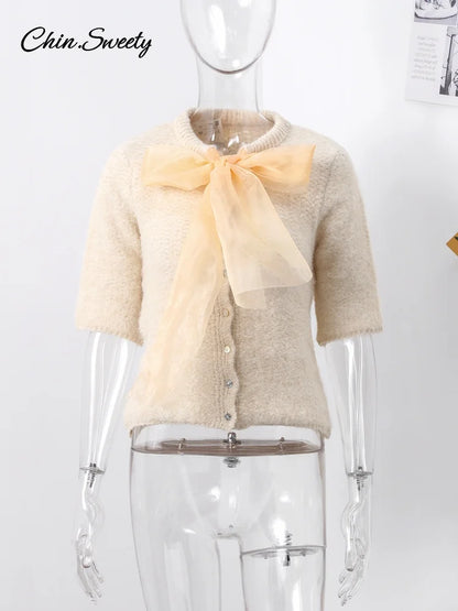 Mohair Knitted Short Sleeve Cardigan Women Lace Bow Single Breasted O-neck Slim Sweater  Autumn Winter Fashion Lady Knitwear