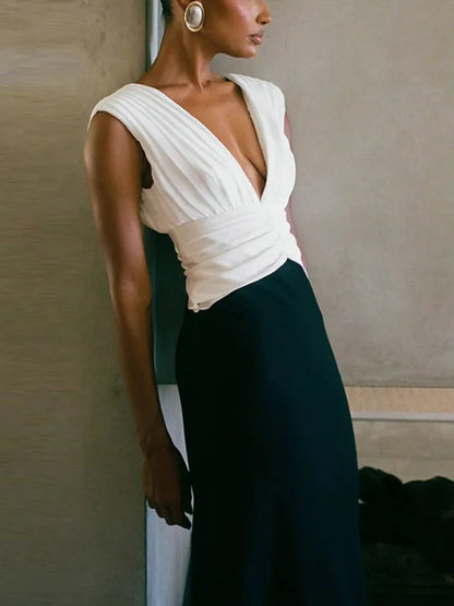 Elegant Deep V-neck Patchwork Long Dress Women Vintage Pleated Sleeveless Slim Fit Dresses Female Spring Chic Street Office