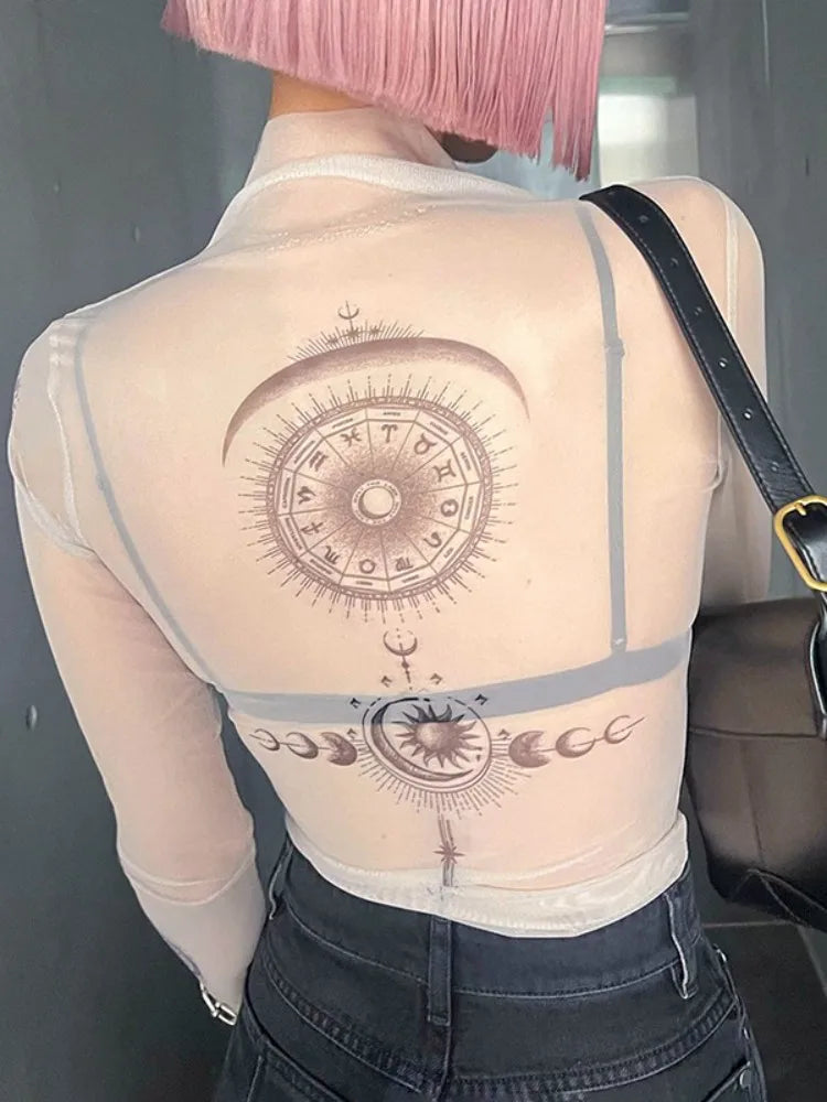 Long Sleeve Mesh Women T Shirt Streetwear Printing Y2k Accessories See Through Vintage Clothes Sexy Fashion Hot Ropa Mujer