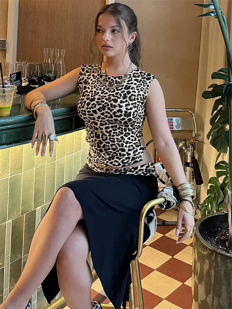Leopard Sexy 2 Piece-Set Skirt Female Contrast Lace-Up Cropped Pullover And High Waist Skirt Sets Bandage Women’s Outfits