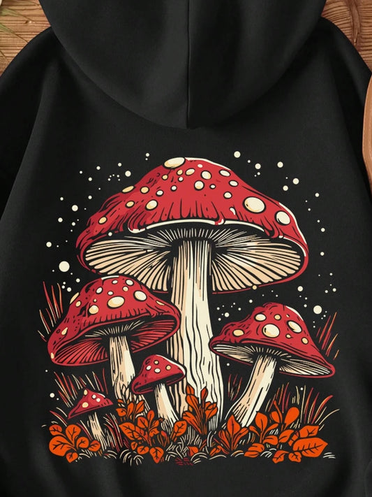 Sudadera con capucha con estampado de seta roja para mujer, estilo Harajuku, informal, de forro polar, cálida, tallas S-XXL, para otoño