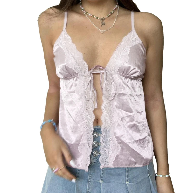 Camisola de encaje de verano para mujer, top beige rosa sin mangas con cuello en V, top ajustado, top corto dulce y sexy a la moda