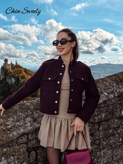 Chaqueta de lana color burdeos para mujer, cuello alto, botonadura sencilla, bolsillo, abrigo corto grueso, ropa de otoño para el día a día, nueva