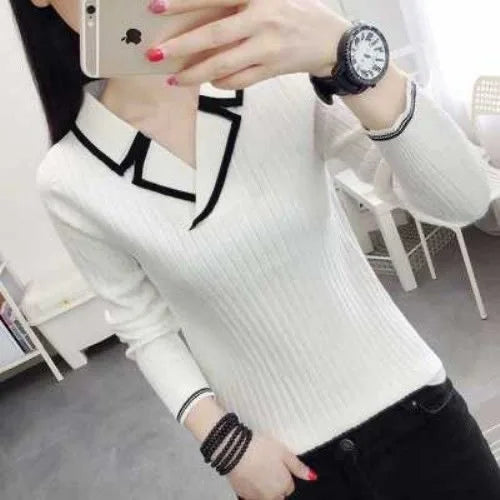 Suéter de punto estilo otoño-invierno para mujer, top informal con cuello en V, DF4922