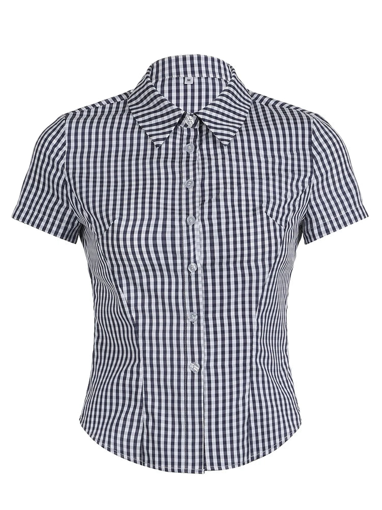American Retro Casual Short Sleeve Plaid Shirts For Women Button Up Turn Down Collar Summer Spring Preppy Tops
