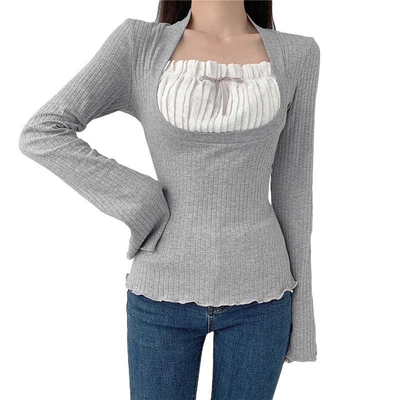 Elegante camiseta de cuello cuadrado para mujer, ropa kawaii, camisetas de manga larga acanaladas con estampado de hadas grunge, camisetas Y2K de los años 2000, ropa de calle para mujer