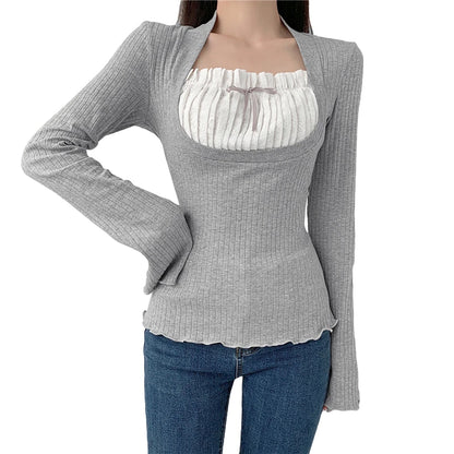 Elegante camiseta de cuello cuadrado para mujer, ropa kawaii, camisetas de manga larga acanaladas con estampado de hadas grunge, camisetas Y2K de los años 2000, ropa de calle para mujer