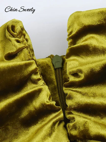 Elegant Halter Velvet Midi Dresses Women Backless Pleated Zipper Green Party Dress Female 2025 Spring Summer Lady Slim Fit Robes