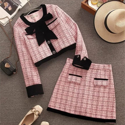 Conjunto de dos piezas de tweed para otoño e invierno, chaqueta corta y minifalda para mujer, elegantes conjuntos de moda coreana para mujer.