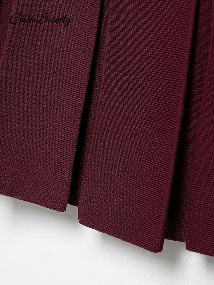 _ Women Skirts 2 Piece Set Burgundy Knitted Lapel Long Sleeve Button Cardigans Pleat High Waist A-line Skirt 2025 Lady Outfits