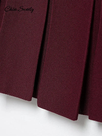 _ Women Skirts 2 Piece Set Burgundy Knitted Lapel Long Sleeve Button Cardigans Pleat High Waist A-line Skirt 2025 Lady Outfits