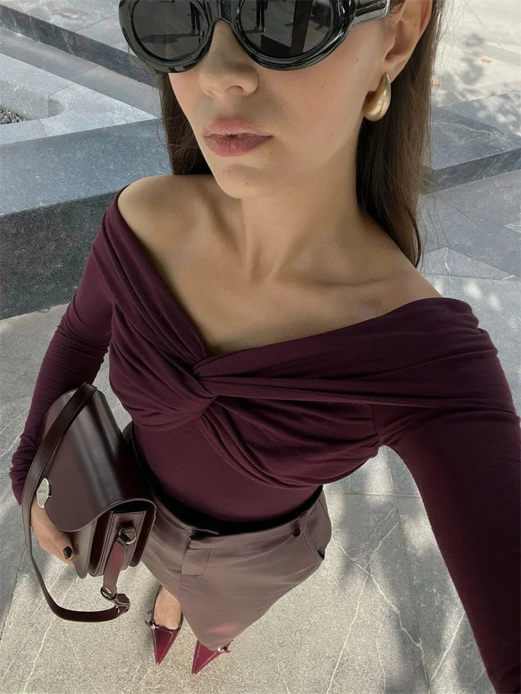 Camiseta sexy de verano con hombros descubiertos para mujer, plisada, de manga larga, con cuello en V interior, blanca, ajustada, con giro, corta, para mujer