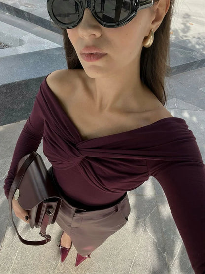 Camiseta sexy de verano con hombros descubiertos para mujer, plisada, de manga larga, con cuello en V interior, blanca, ajustada, con giro, corta, para mujer