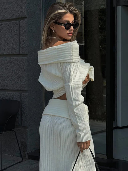 Conjunto de 2 piezas de falda de punto para mujer, suéter de manga larga con un solo hombro, elegante, ajustado, falda larga, traje de otoño, nuevo