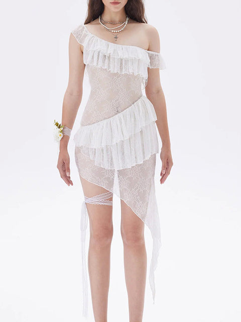 JULISSA MO Vestido de noche blanco con volantes y encaje transparente para mujer, vestido de noche ajustado y elegante para verano, ropa de playa 2025