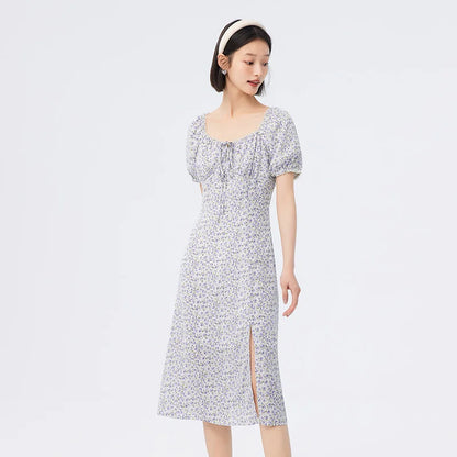 Vestido de gasa con abertura para mujer, romántico, nuevo, de verano, con cuello cuadrado Mori, vestido de té fragmentado.