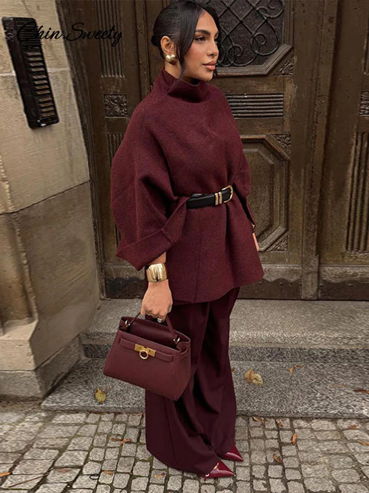 Suéter tipo capa burdeos holgado para mujer, tejido de cuello alto, manga raglán, prendas de vestir asimétricas para otoño