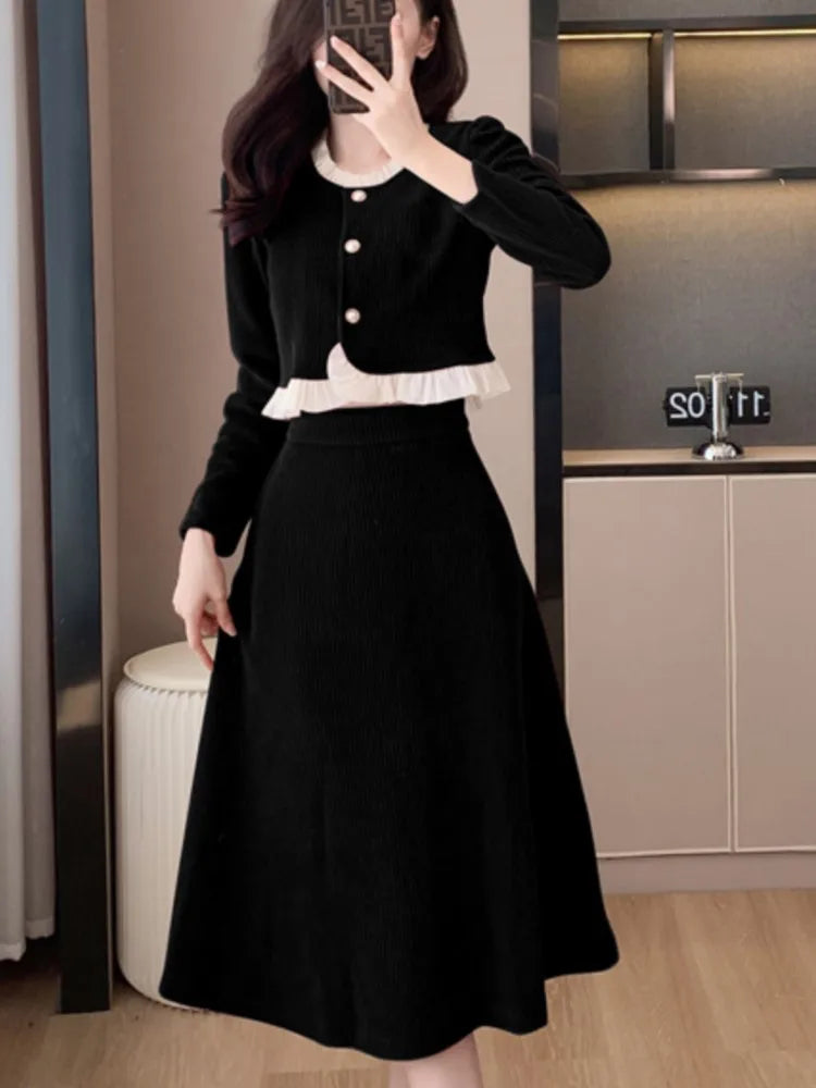 Conjunto de falda de dos piezas de pana para otoño e invierno, top de manga larga con volantes y cuello redondo para mujer, falda midi lisa, conjuntos de moda coreana, nuevo