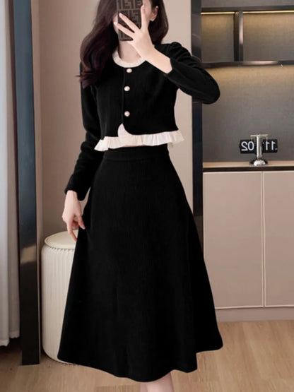 Conjunto de falda de dos piezas de pana para otoño e invierno, top de manga larga con volantes y cuello redondo para mujer, falda midi lisa, conjuntos de moda coreana, nuevo