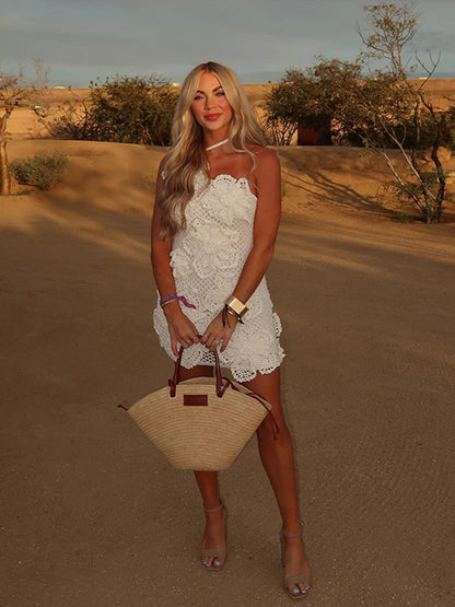 Vestido mini de punto con flores en 3D para mujer, sexy, ajustado, con aberturas en la cadera, cuello halter, para playa, fiestas y vacaciones.