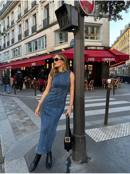 Vestidos casuales sin mangas de mezclilla para mujer, elegantes vestidos ajustados con cuello redondo y abertura, vestidos de mezclilla para mujer, elegantes vestidos de calle de otoño a juego.