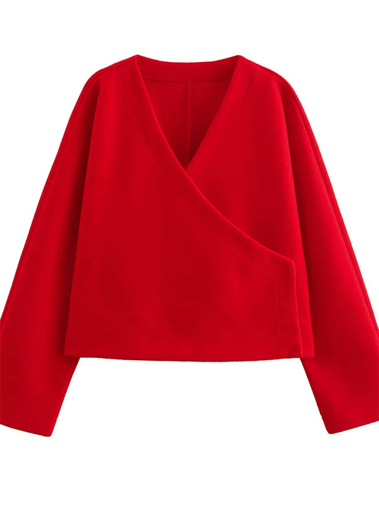 Prendas de vestir de otoño con cuello en V vintage para mujer, retazos, lisas, de manga larga, holgadas, informales, para mujer