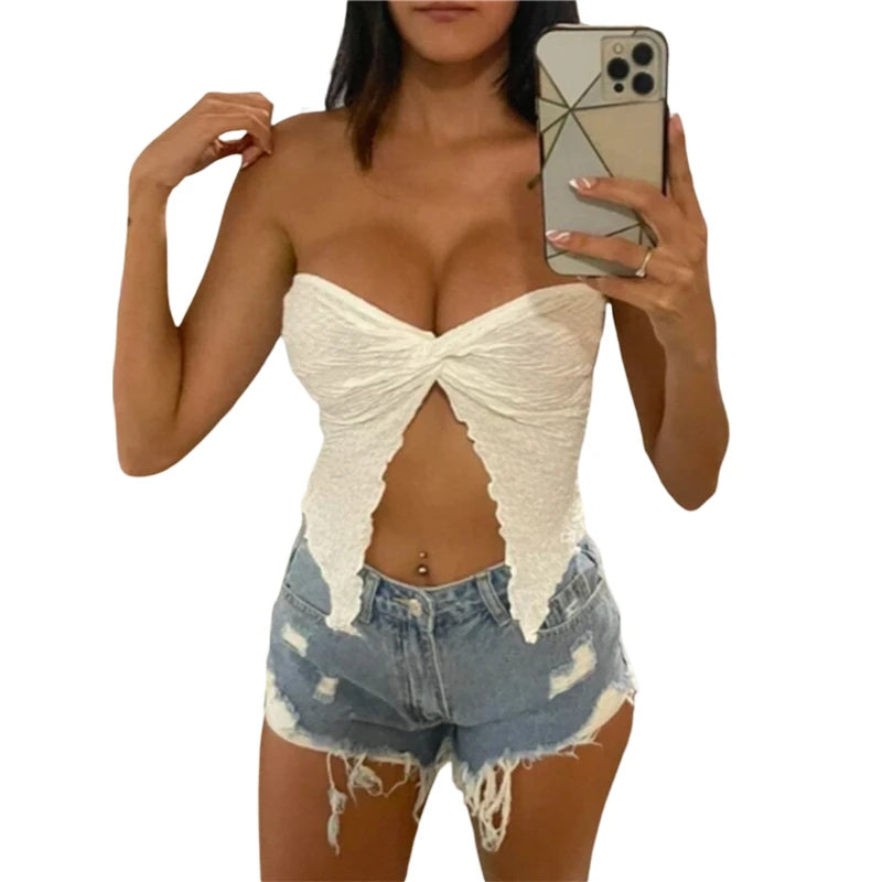 Strapless Crop Top y2k Women Twist Knot Off Shoulder Sleeveless Ruched Split Bandeau Summer 2000s Fairy Grunge Clothes