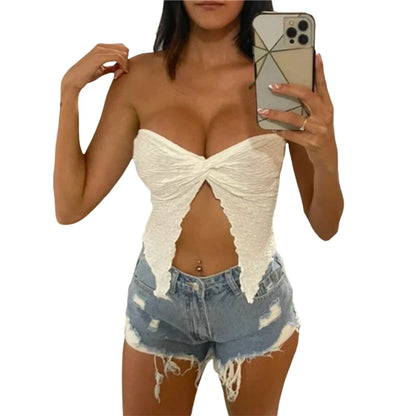 Strapless Crop Top y2k Women Twist Knot Off Shoulder Sleeveless Ruched Split Bandeau Summer 2000s Fairy Grunge Clothes