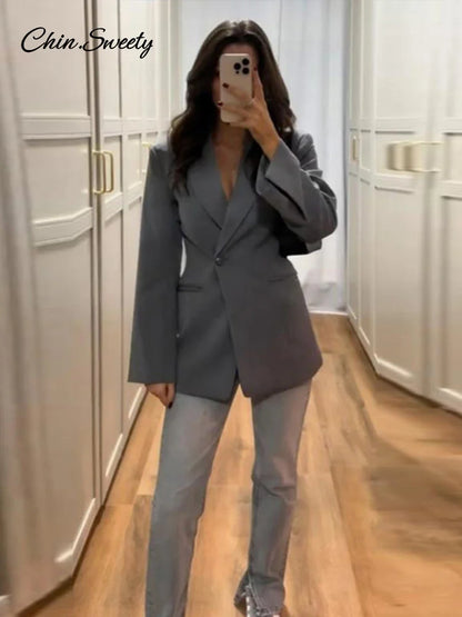 Blazer ajustado de moda para mujer, chaqueta de traje lisa de manga larga con un solo botón y cuello con muesca, primavera 2025, conjuntos de calle para mujer