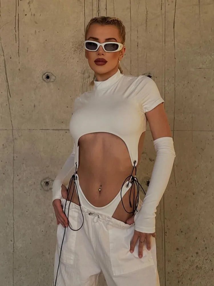 Body de manga corta con cuello alto para mujer, estilo Y2K, de una pieza con aberturas, con cordones, lencería sexy.