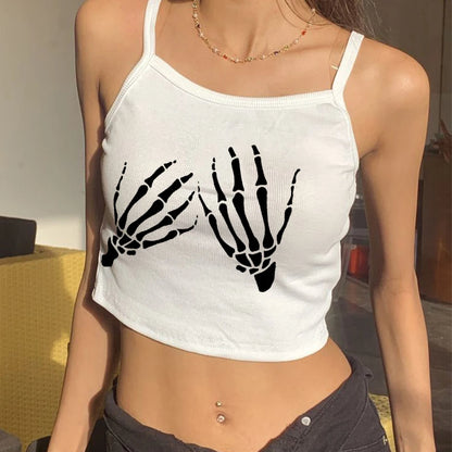 Camiseta de manga corta con estampado de calaveras para mujer, estilo Y2K, con tirantes en el interior, para calle de Europa y Estados Unidos