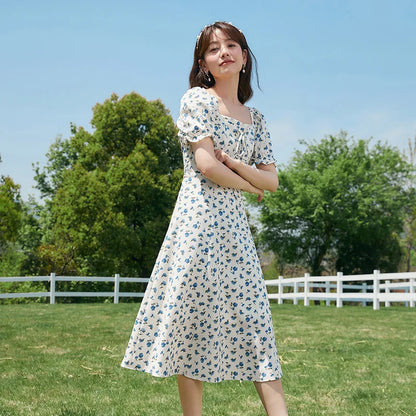 Dress Women Texture Chiffon Floral Romantic Temperament Square Neck Tea Break Dress