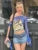 Mesh Women Tops Butterfly Printed Fashion Incline Shoulder Ribbons Sheer Thin Fitness T-shirts Female Summer Street Tees