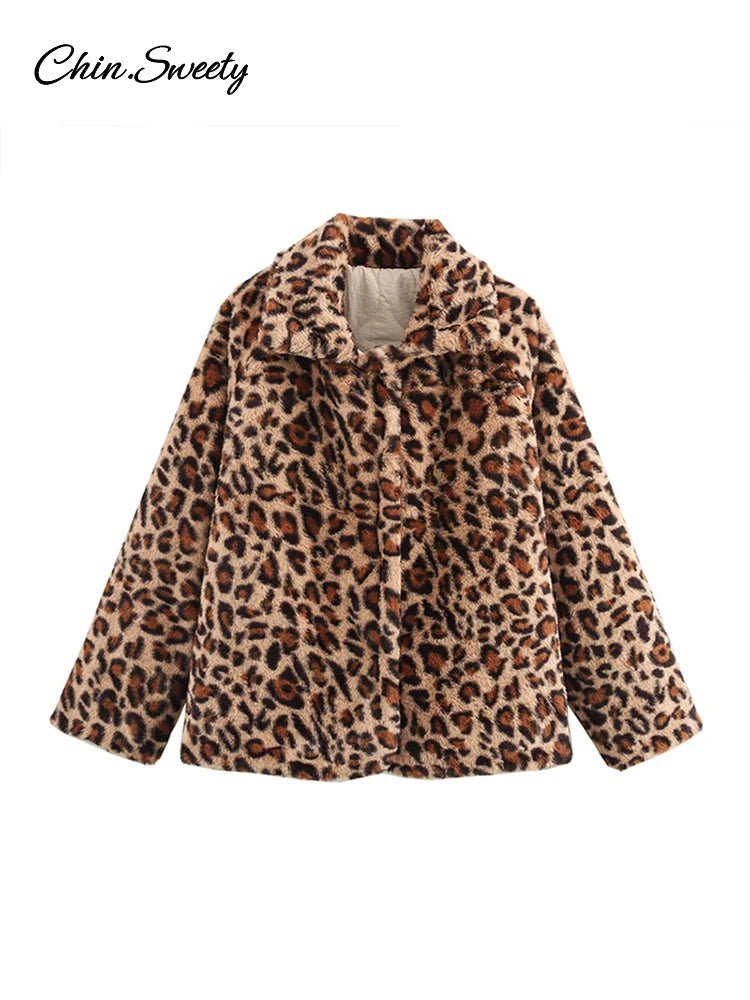 Parkas acolchadas de leopardo de doble cara para mujer, abrigo vintage de polar con solapa y botones, de manga larga, ropa de abrigo gruesa y cálida para mujer 2025