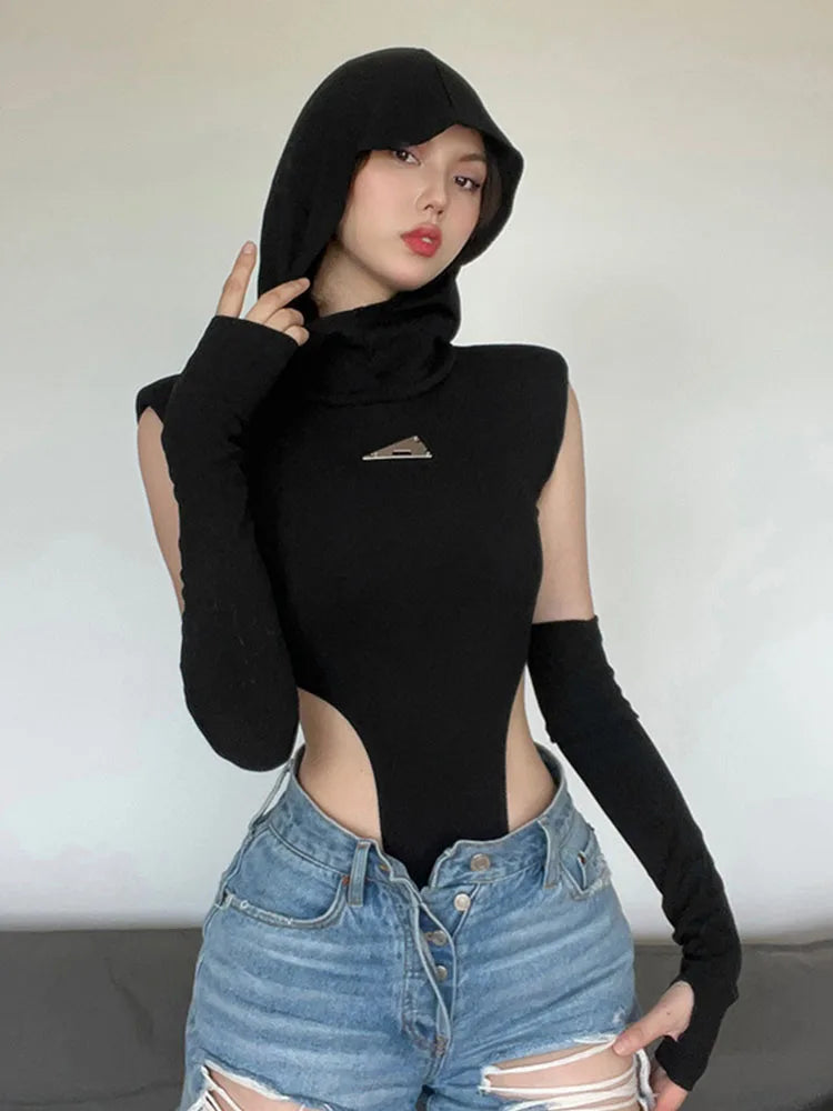 Body de una pieza con capucha de color sólido a la moda, lencería sexy de cuello redondo sin mangas, ropa informal ajustada, atuendo de festival