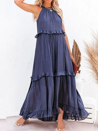Summer Vacation Style Halter Neck Long Dresses Women Fashion Backless Leace-up Loose Ruffles Beach Dress Elegant Ladies Vestidos