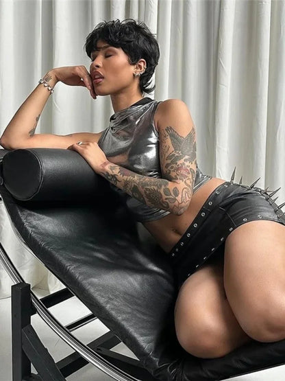 Top corto de seda brillante para mujer, ropa atrevida, accesorios Y2k, corsé de cuello redondo, ropa para mujer, sin mangas, conjuntos sexis para club rave, camisola de verano