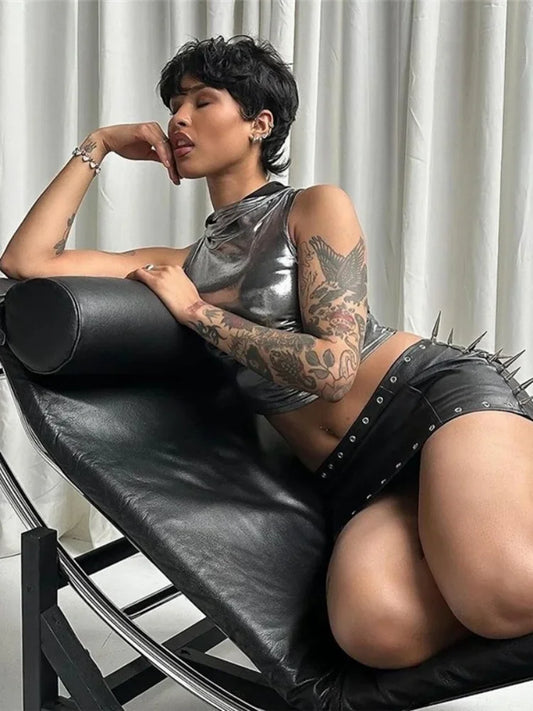 Top corto de seda brillante para mujer, ropa atrevida, accesorios Y2k, corsé de cuello redondo, ropa para mujer, sin mangas, conjuntos sexis para club rave, camisola de verano