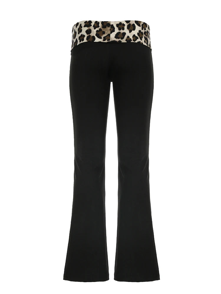 Pantalones acampanados Y2K de cintura baja con estampado de leopardo y retazos para mujer, pantalones negros ajustados y sexis de estilo urbano para chica mala