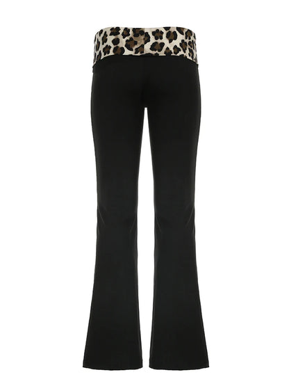 Pantalones acampanados Y2K de cintura baja con estampado de leopardo y retazos para mujer, pantalones negros ajustados y sexis de estilo urbano para chica mala