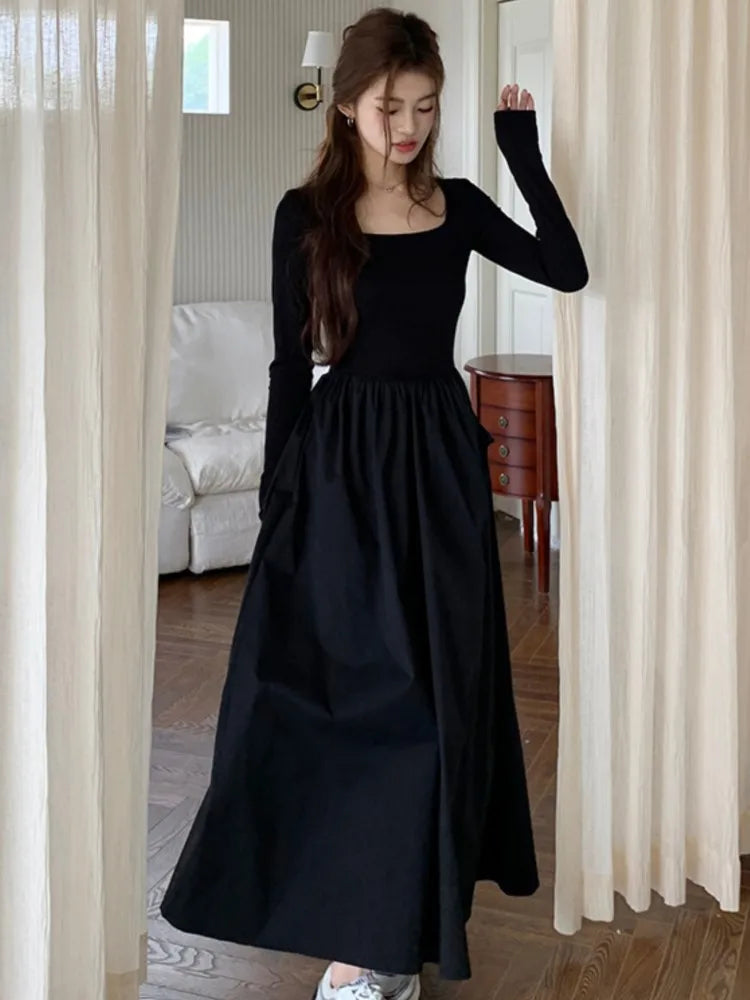 Vestidos midi informales de punto para mujer, lisos, de manga larga, cuello cuadrado, corte A, otoño, elegantes, ajustados