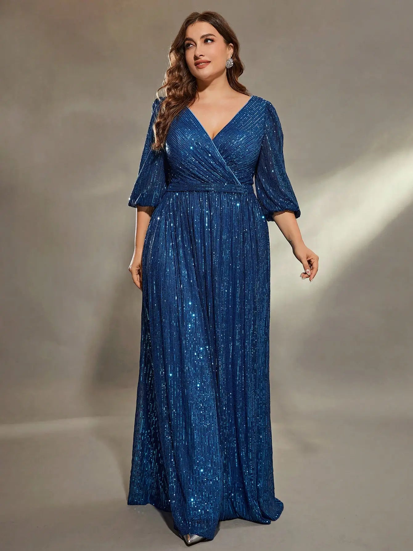 Vestido largo de lentejuelas con escote en V, plisado, manga media larga, forma de A, de talla grande, para noche, fiesta de graduación