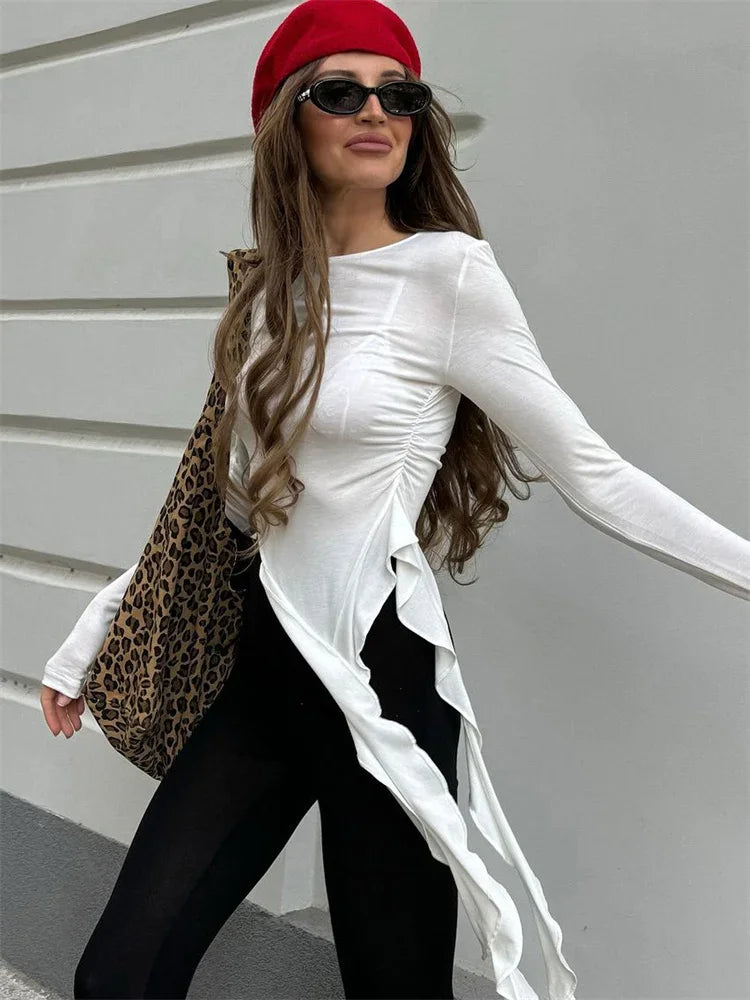 Camiseta de punto blanca ajustada para mujer, jersey con volantes y patchwork transparente, manga larga, top interior sexy Y2k, camiseta de punto para mujer