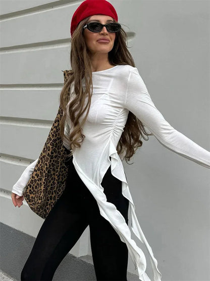 Camiseta de punto blanca ajustada para mujer, jersey con volantes y patchwork transparente, manga larga, top interior sexy Y2k, camiseta de punto para mujer