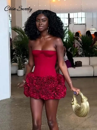 Conjunto de falda y top de tubo con flores 3D rojas navideñas para mujer, falda corta con estampado floral y vendaje ajustable, ideal para fiestas.