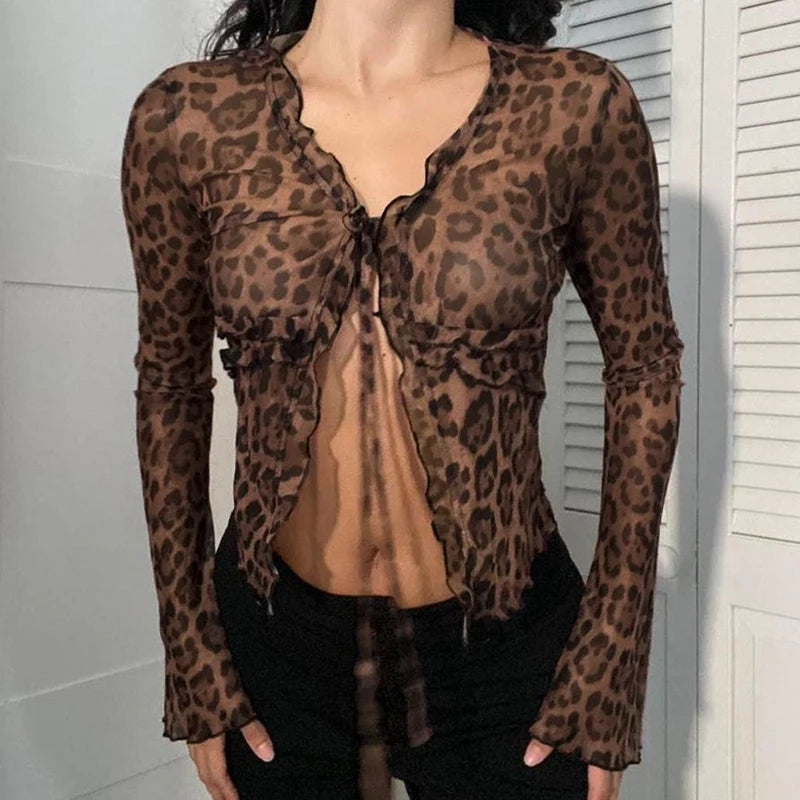 Top corto vintage de manga larga con estampado de leopardo y detalle fruncido en marrón, cuello en V, camiseta con cordones, trajes de fiesta para mujer, otoño