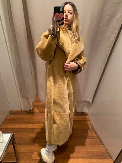 Abrigos largos elegantes de piel sintética con cinturón, solapa grande, manga larga y bolsillo, abrigos de felpa para mujer, ropa de calle de invierno 2025
