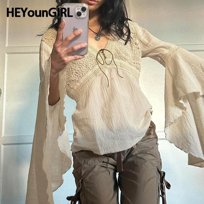 Elegant Beige Women Top Cotton V Neck Flare Sleeve Loose Fit Aesthetic Tee Shirt Vintage Chic Back Lace Up Pullovers