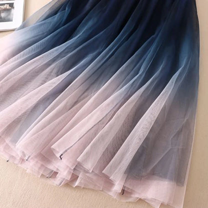 Falda midi de tul degradado para mujer, elegante falda plisada de malla, moda coreana de verano, cintura alta, informal, combina con todo, falda de línea A