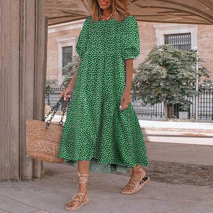 Vestido estampado de verano 2025 para mujer, manga corta abullonada, volantes, holgado, corte A, midi, informal, para playa y vacaciones